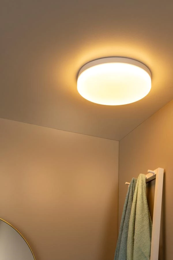 Lucide BISKIT - Flush ceiling light Bathroom - Ø 40 cm - LED - 1x36W 2700K - IP44 - Motion Sensor - White - atmosphere 1